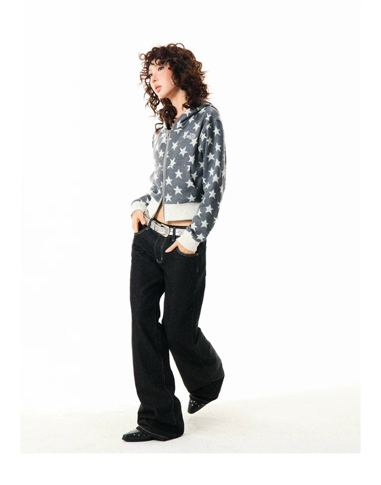 Star Print Cropped Zip-Up Hoodie