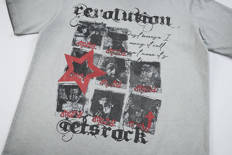 Washed Portrait Letter Print Short Sleeve T-Shirt
