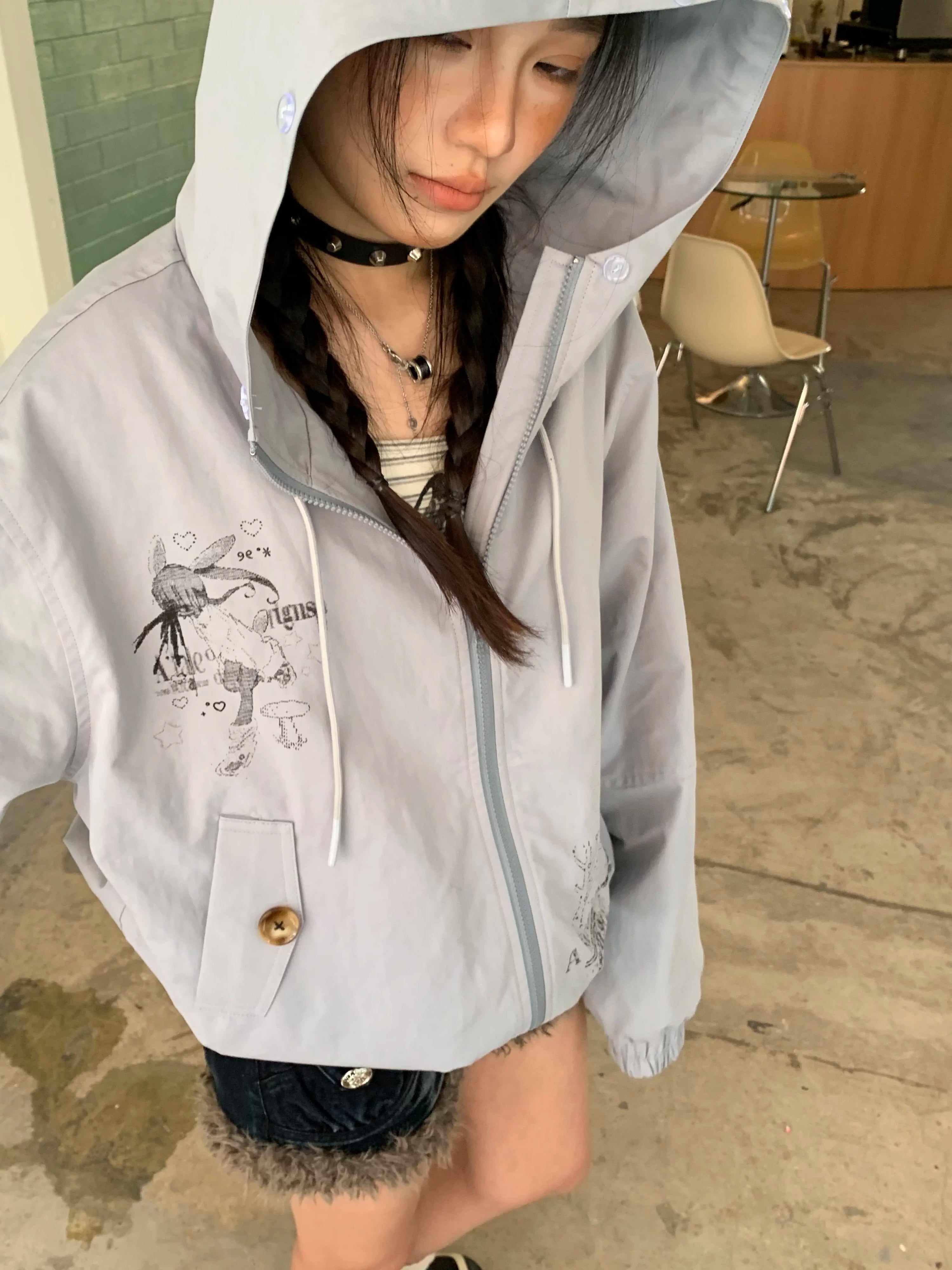 Fake Fur Trim Graphic Print Oversize Hooded Jacket
