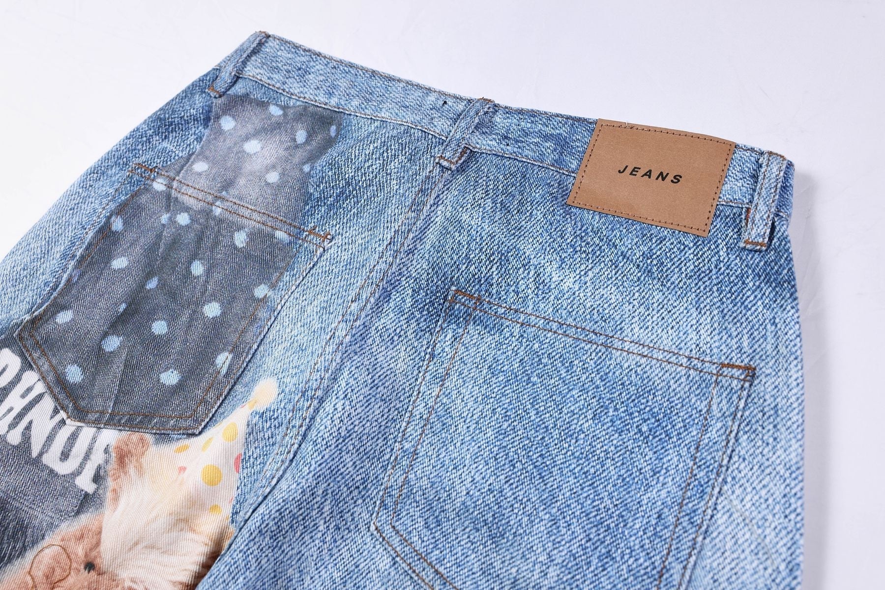 Washed 3D Character Print Wide Leg Denim Jeans