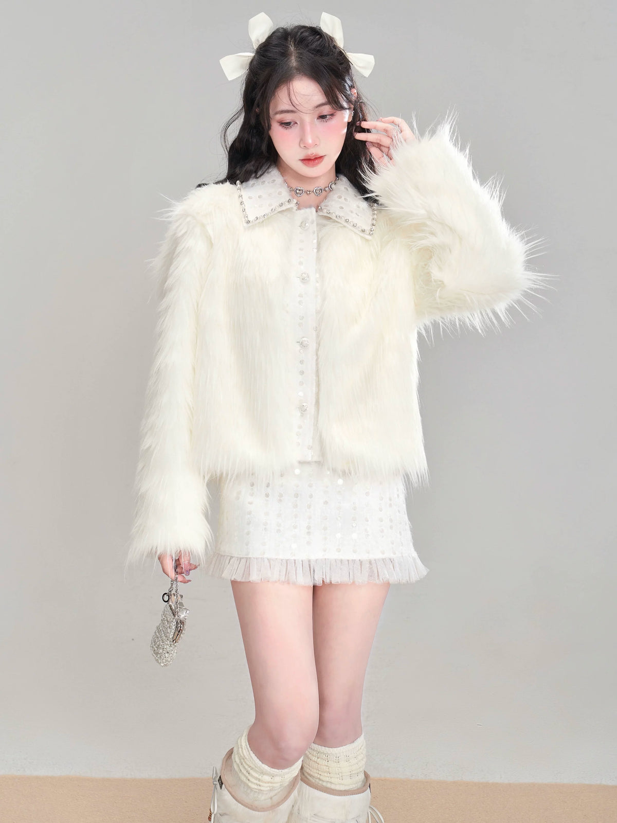 Eco Fur Warm Jacket & Short Skirt & Long Skirt Setup