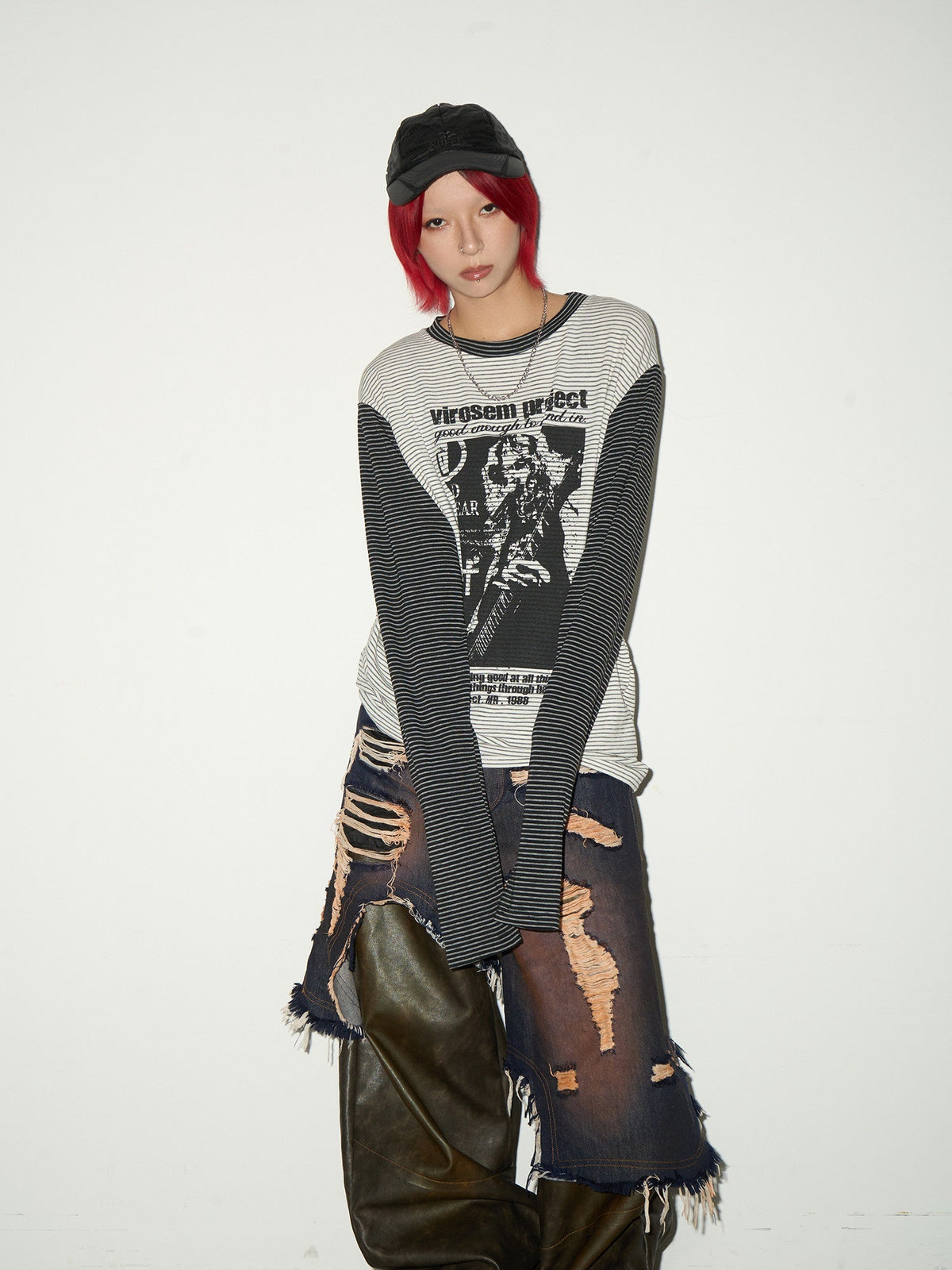 Stripe Graphic Print Layered Long Sleeve T-Shirt