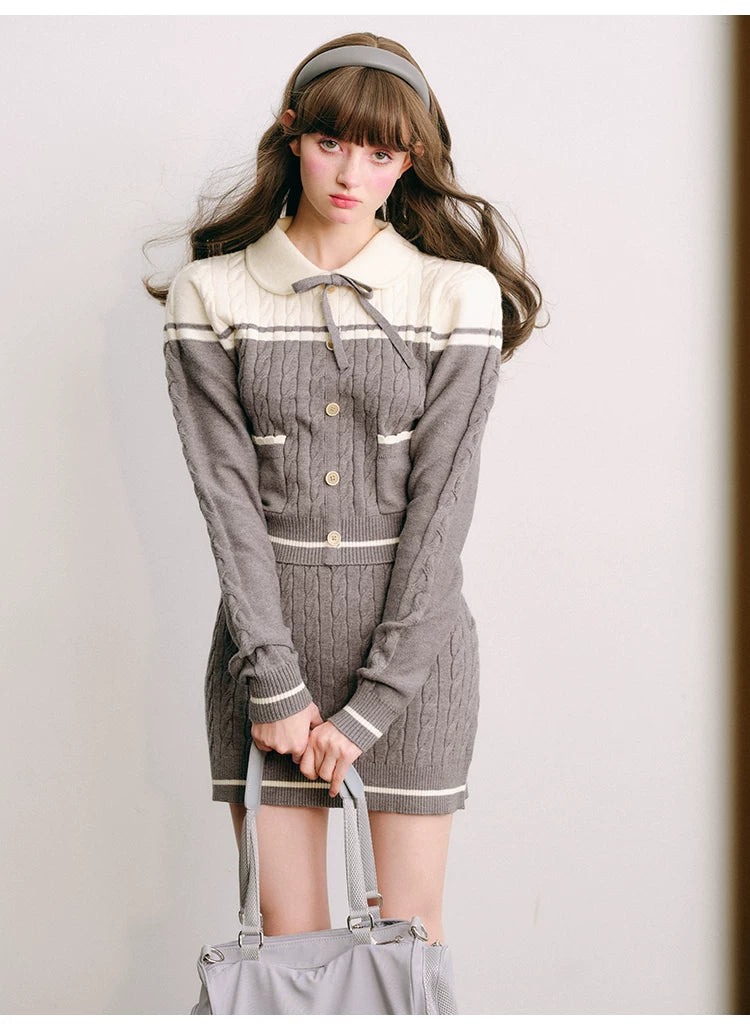 Bow Round Collar Knit Cardigan & Knit Short Skirt Setup