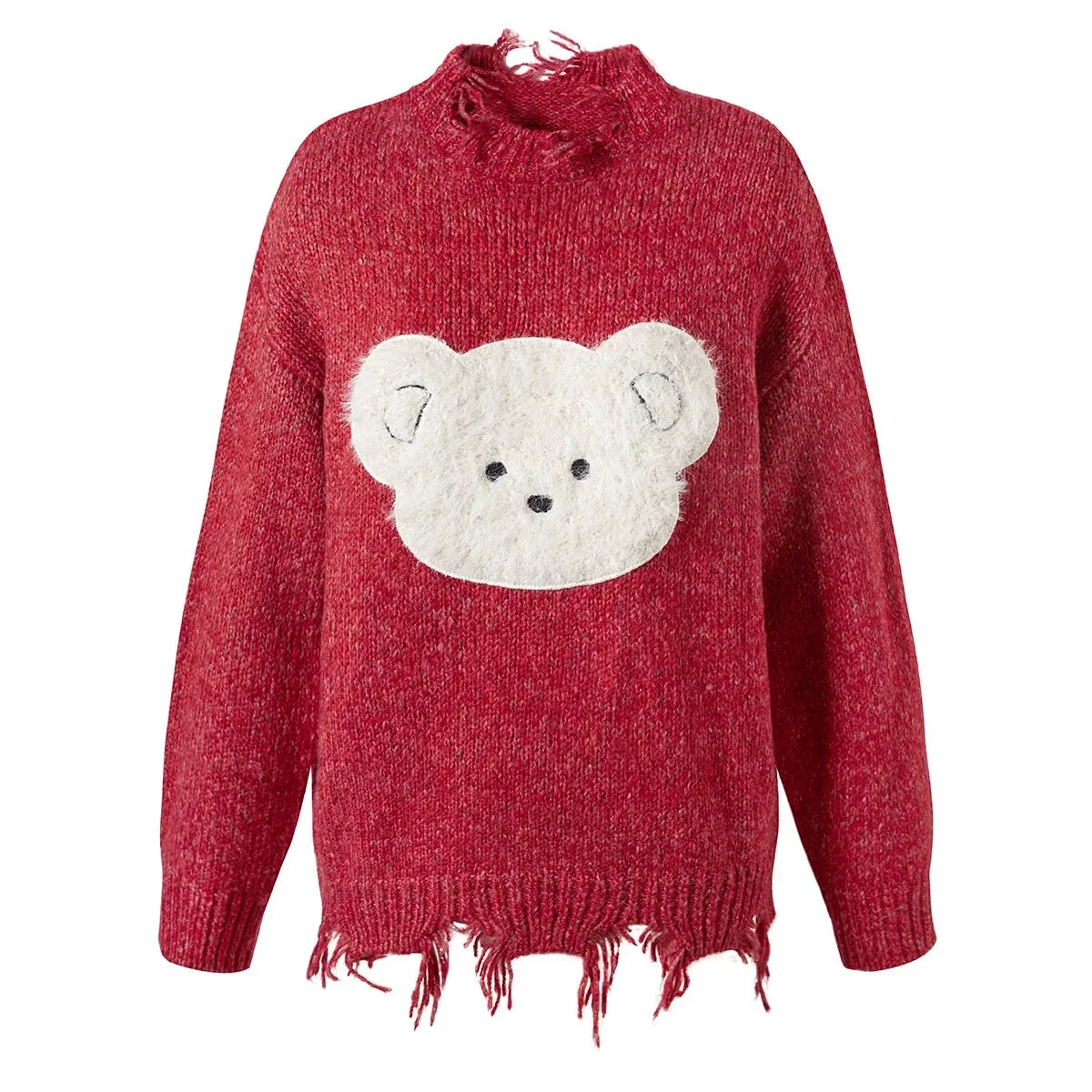 Bear Design Fringe Knit Sweater