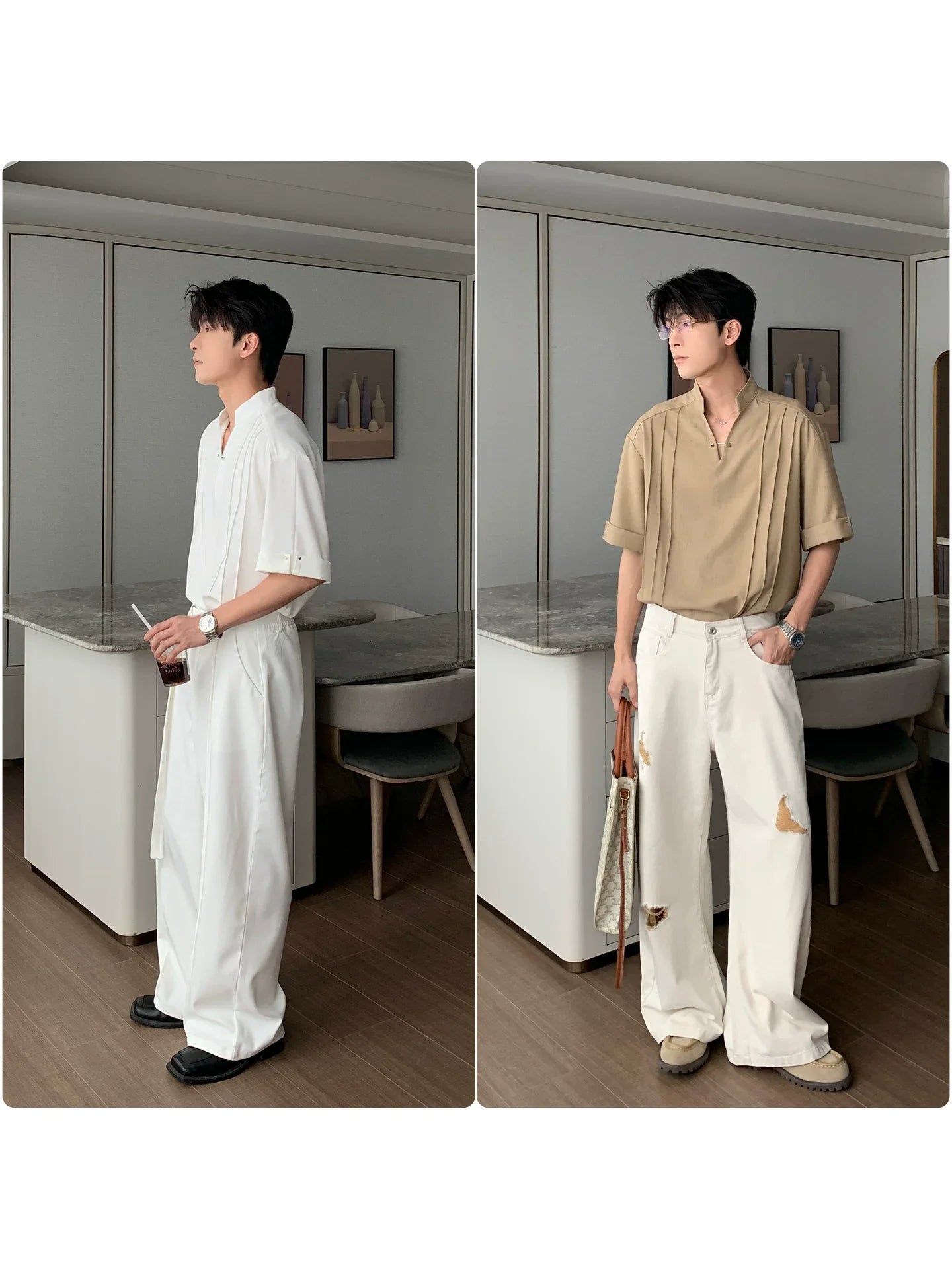 Standing Collar V-Neck Oversize Short Sleeve Polo Shirt