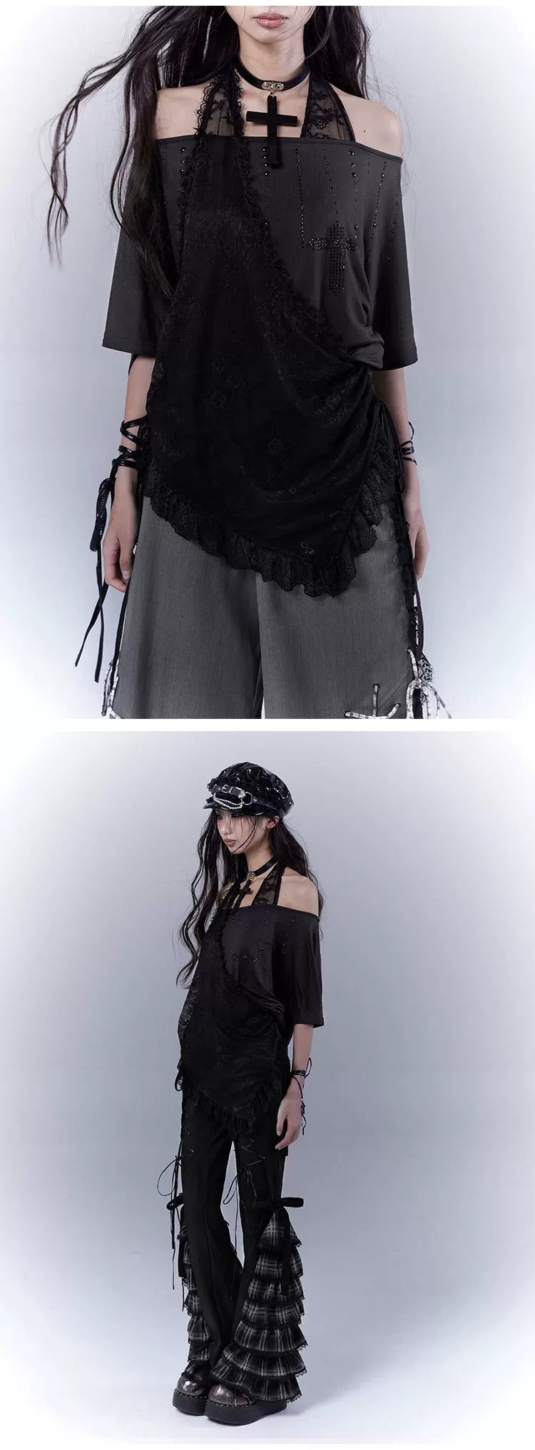 Lace Patchwork Halter Neck Rhinestone Oversize Short Sleeve T-Shirt
