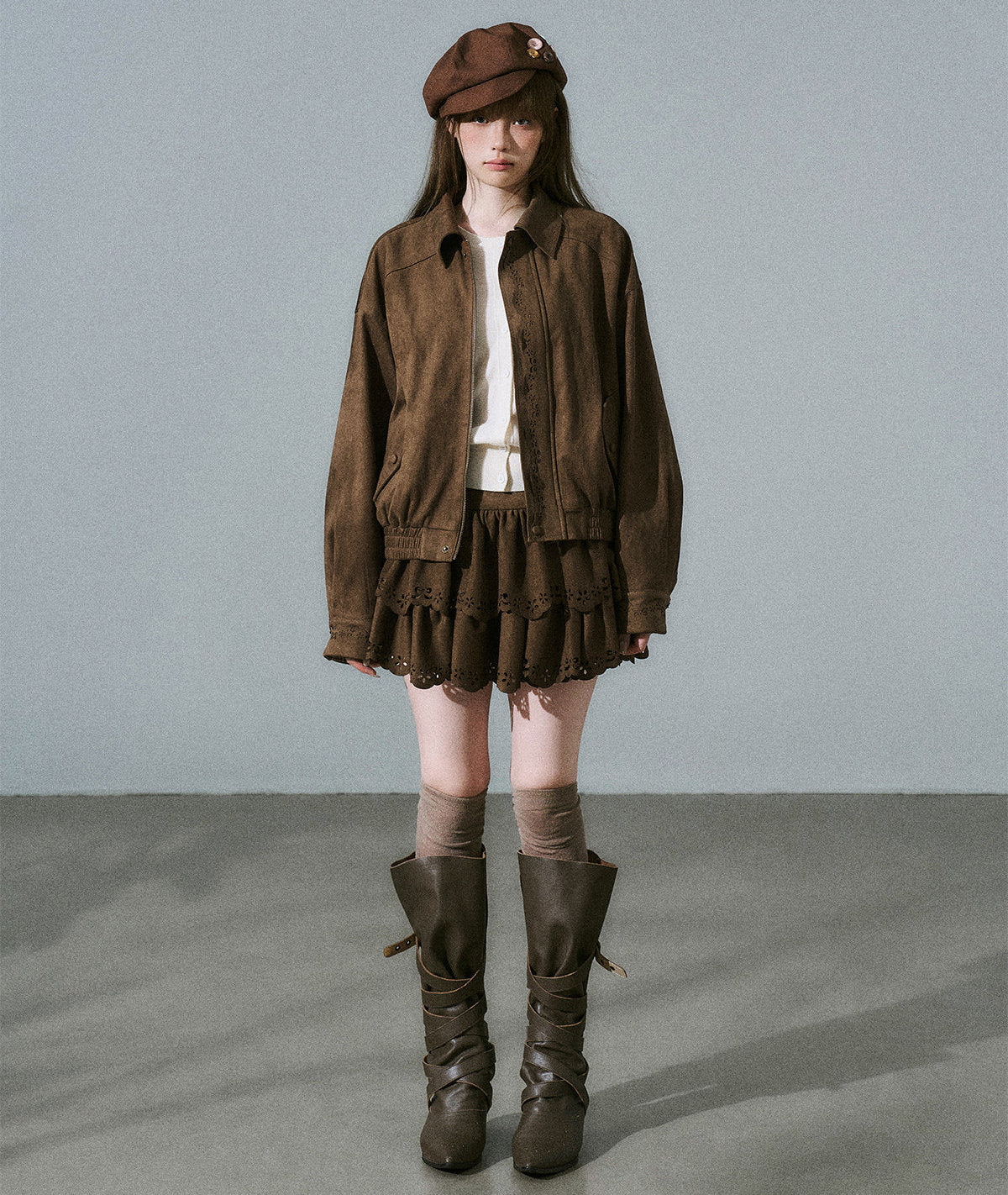 Suede Zipper Jacket & Scalloped Skirt Setup