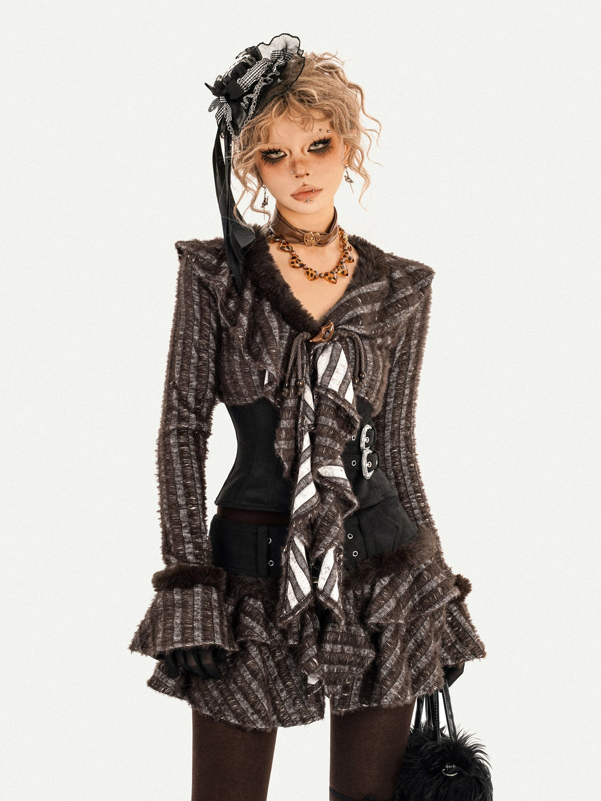 Original Design Patchwork Raw Edge Slim Long Sleeve Shirt & Skirt Setup