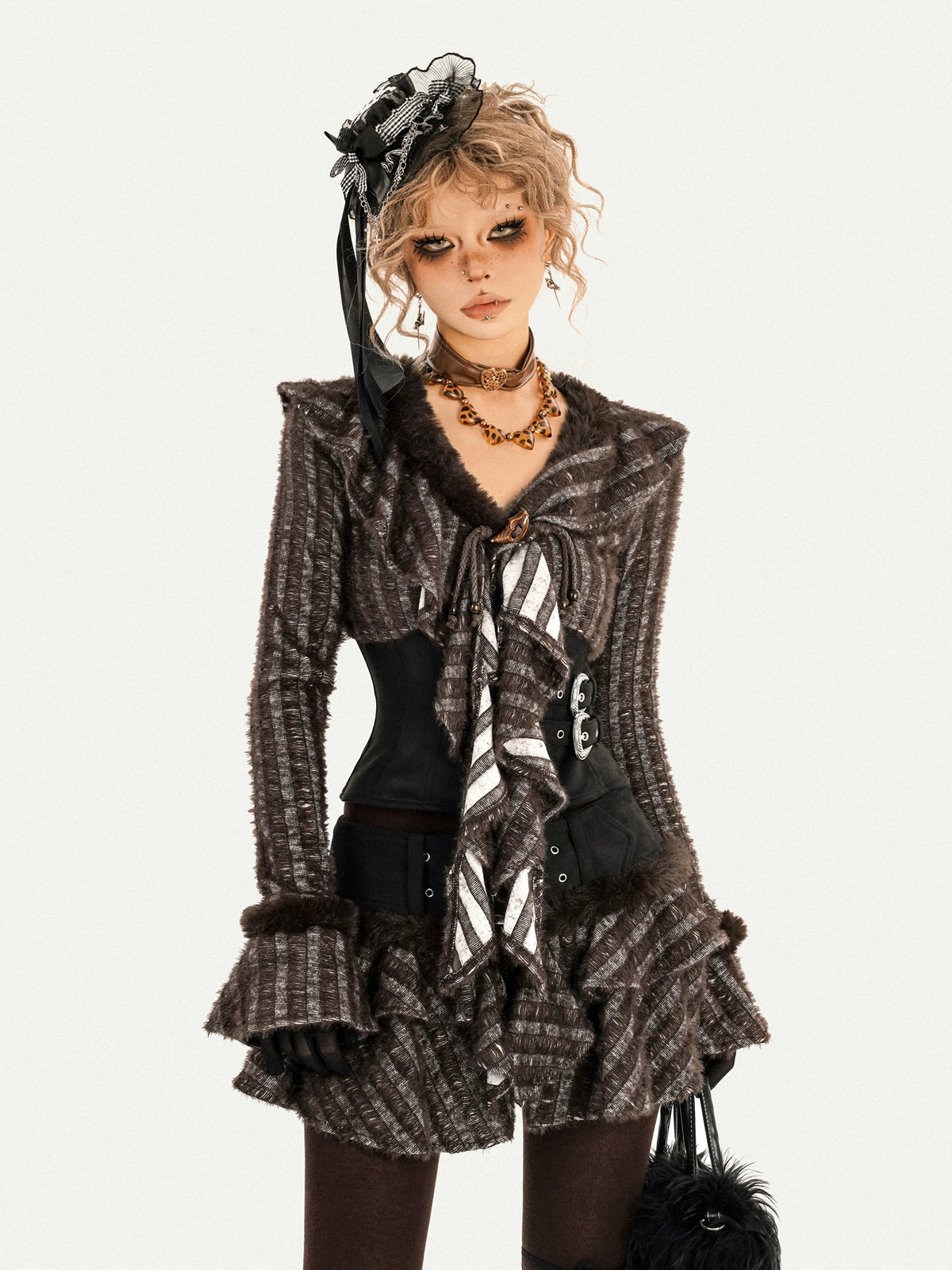 Original Design Patchwork Raw Edge Slim Long Sleeve Shirt & Skirt Setup