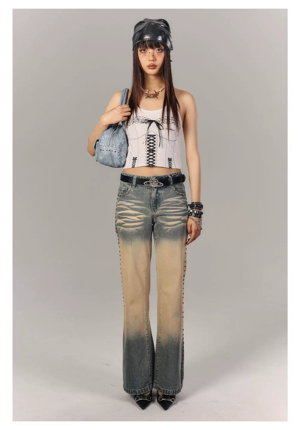 Washed Gradient Studs Detail Flare Denim Jeans