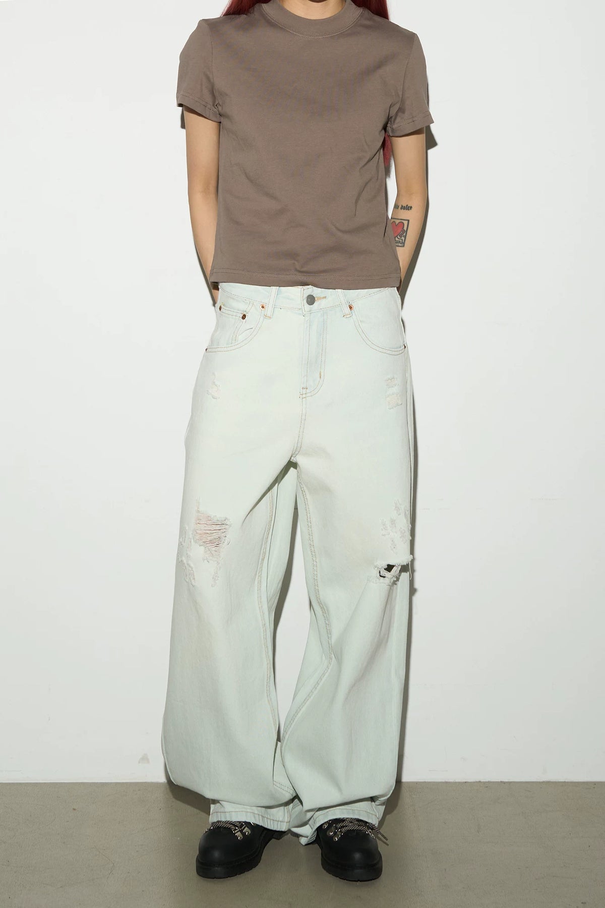 Damage Washed Wide Leg Denim Jeans