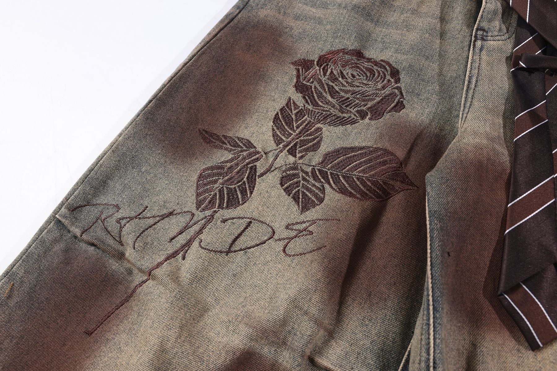 Washed Rose Embroidery Wide Leg Curved Denim Jeans