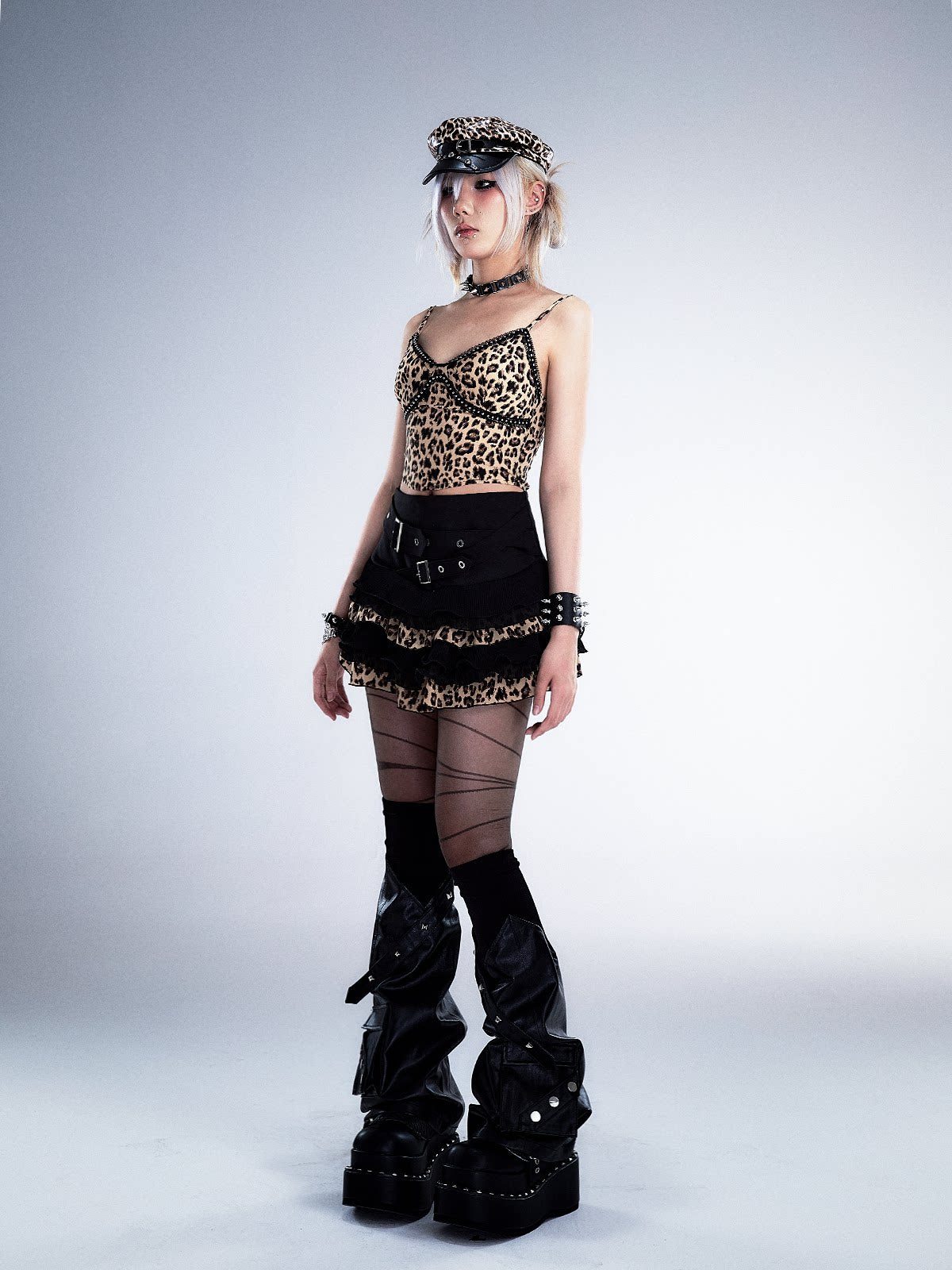 Leopard Patchwork Belted Tiered A-Line Skirt