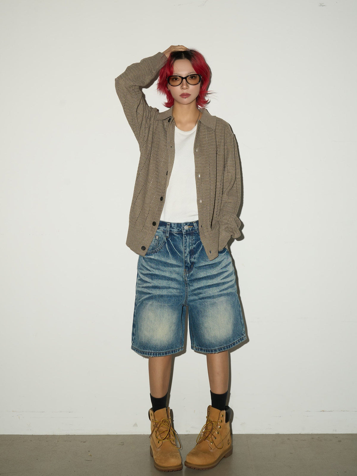 Hollow Textured Lapel Knit Cardigan