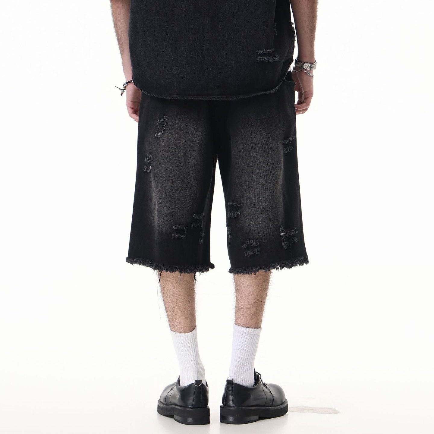 Washed Damage Wide Leg Denim Short Pants
