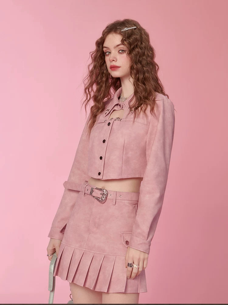 PU Leather Short Jacket & Short Pleats Skirt Setup