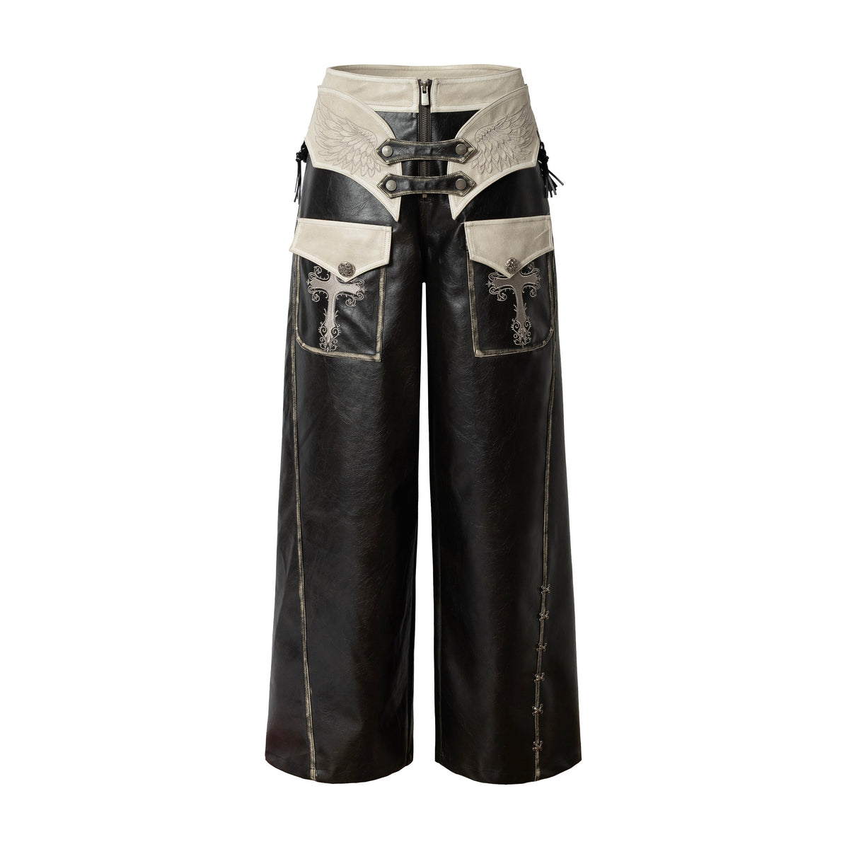 Lace Panel Buckle Detail Wide Leg PU Leather Pants