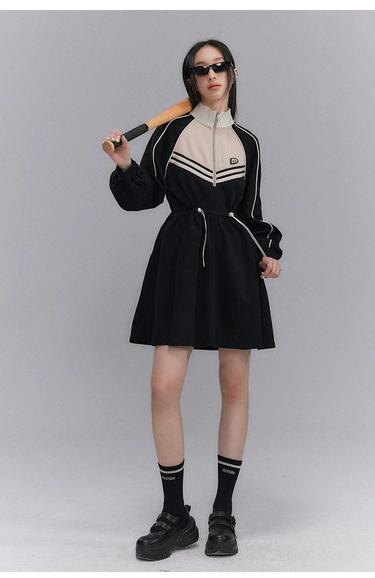 Embroidery Color Blocking Sporty Long Sleeve Jersey Dress