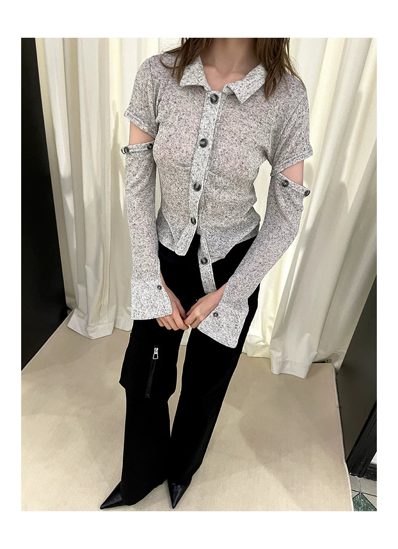 Sheer Detachable Sleeve Polo Knit Cardigan