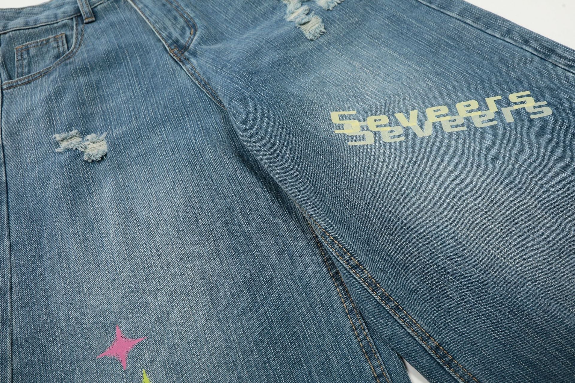 Star Heart Print Curved Wide Leg Denim Jeans