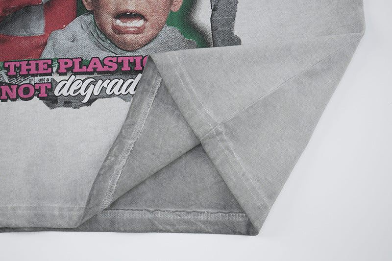 Washed Portrait Letter Print Short Sleeve T-Shirt