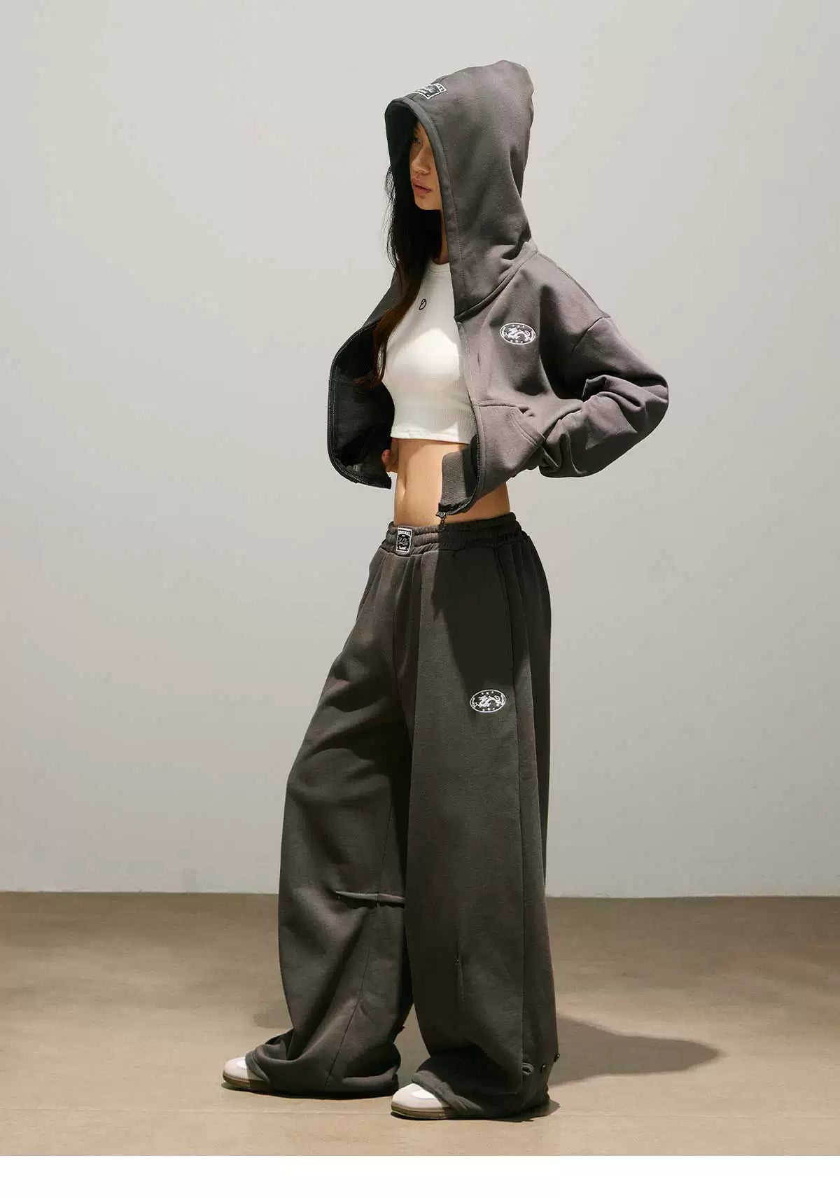 Letter Print Zipper Hoodie & Letter Print Wide Leg Sweatpants Setup