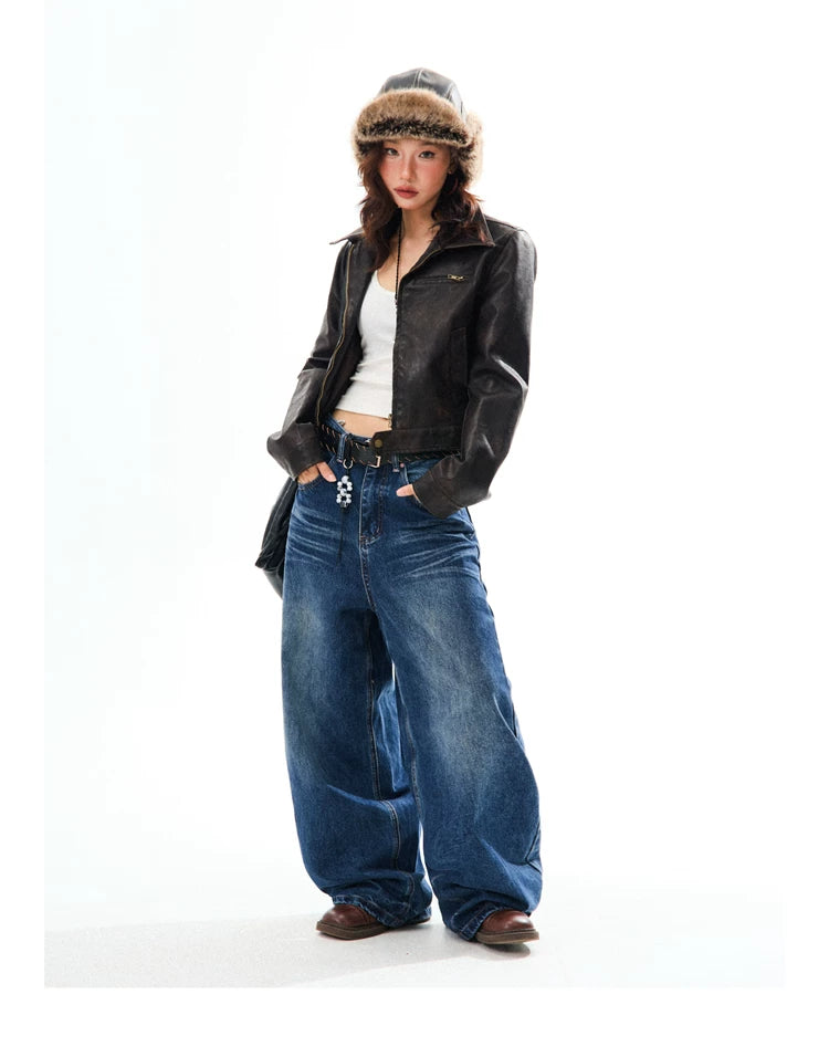 PU Leather Washed Zipper Short Length Jacket