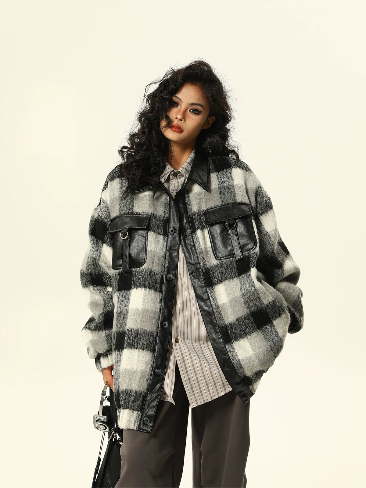 PU Leather Mix Woolen Plaid Jacket