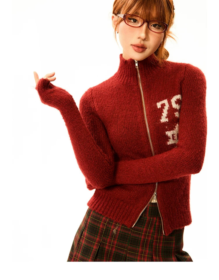 Number Patch Knit Zipper Stand Neck Cardigan