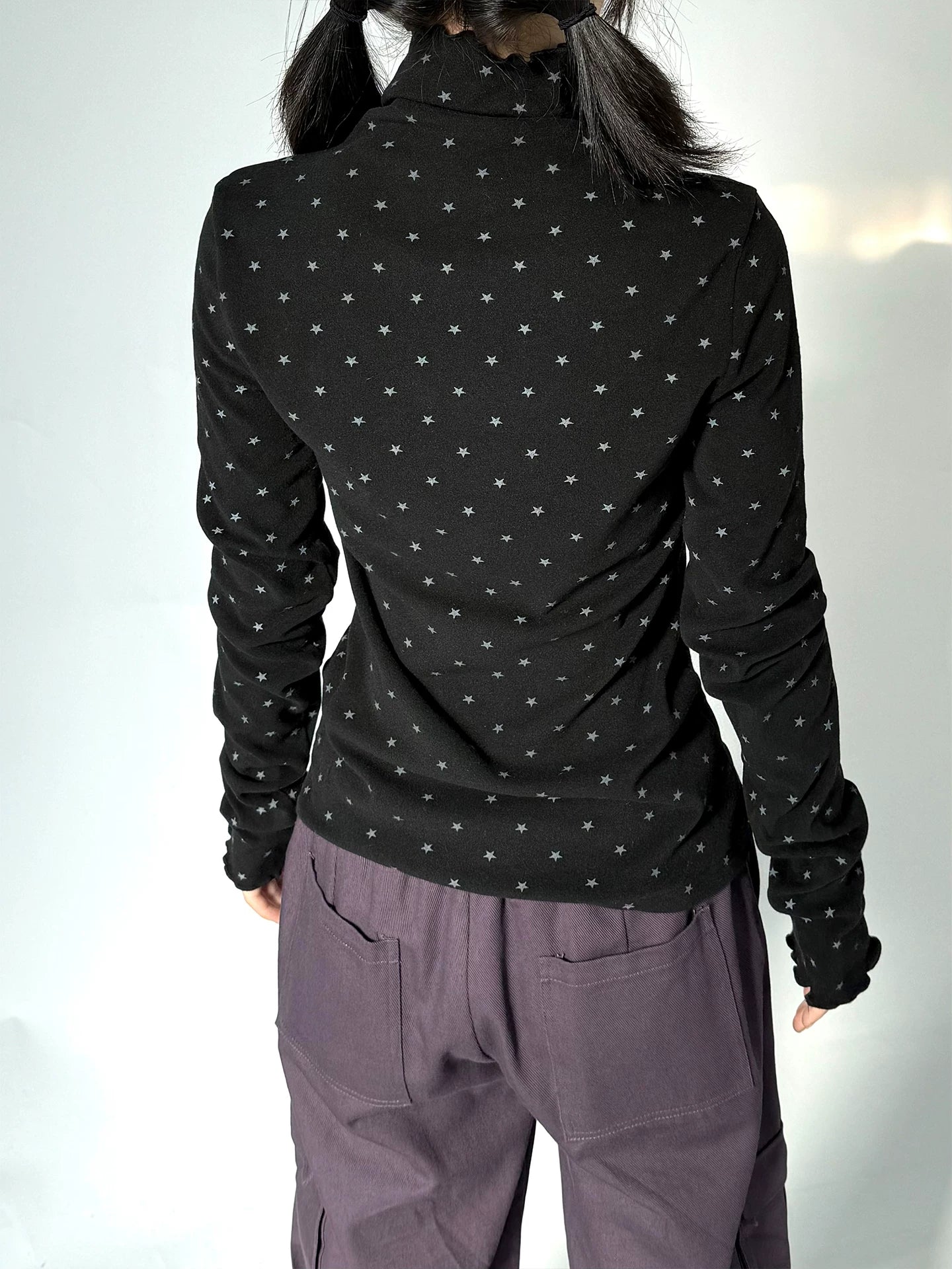 Polka Dot Print High-Neck Long Sleeve T-Shirt
