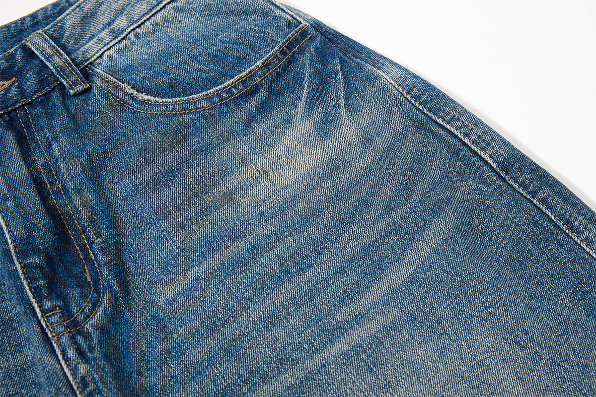 Embroidery Curved Wide Leg Denim Jeans