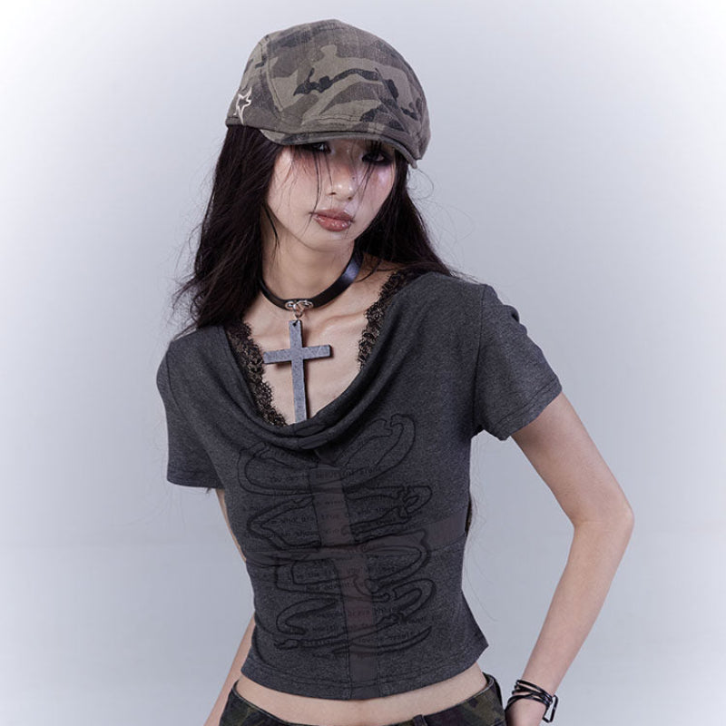 Cutout Cross Print Lace Short Sleeve T-Shirt