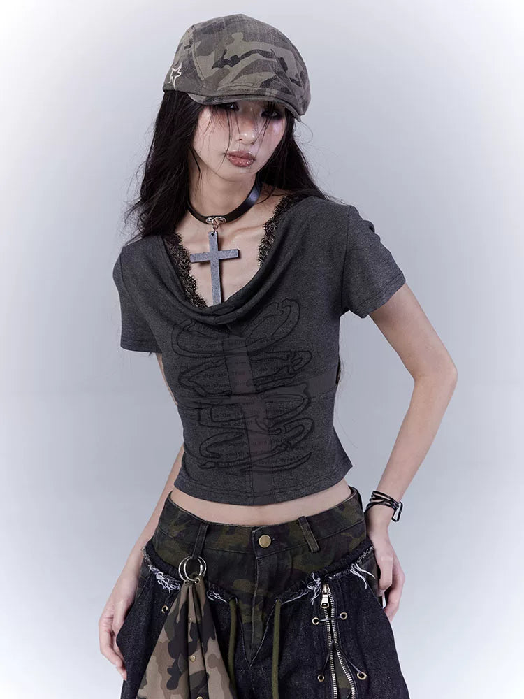 Cutout Cross Print Lace Short Sleeve T-Shirt