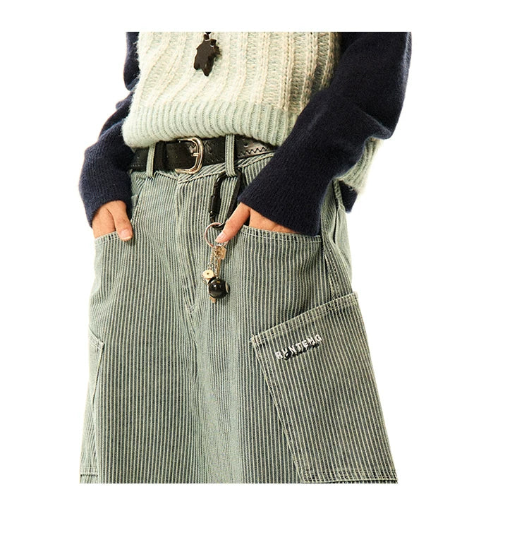 Stripe Pattern Wide Leg Denim Jeans