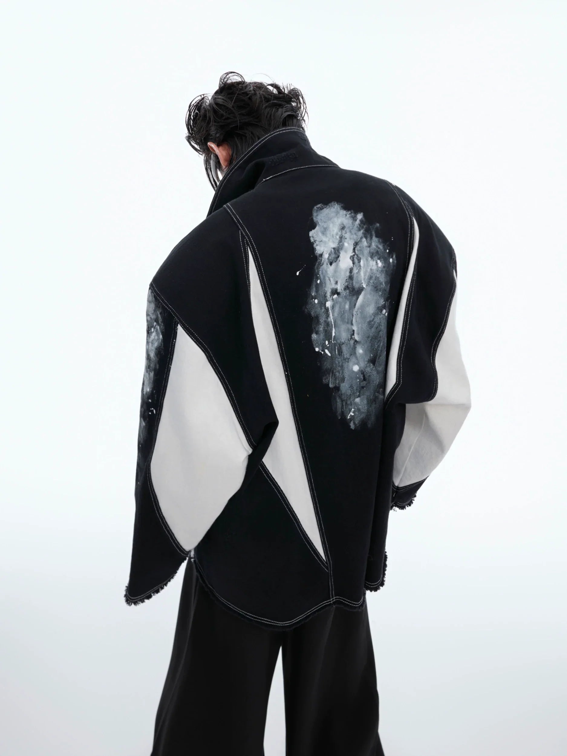 Contrasting Ink Dye Shoulder Pad Patchwork Zipper Jacket