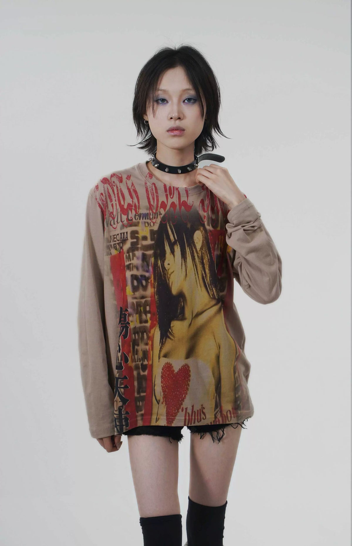 Y2k Japanese Punk Style "sad Angel" Brown Long Sleeve T-Shirt
