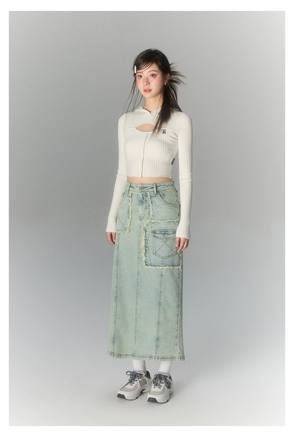 Washed Large Pocket Denim Long Skirt