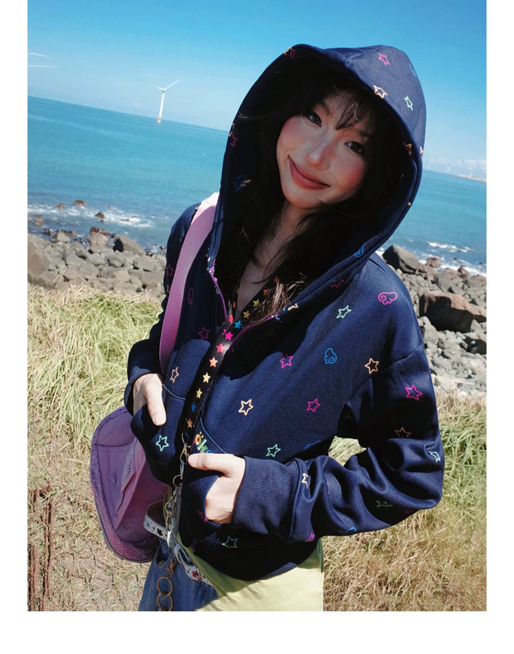 Star Print Fleece Zipper Hoodie