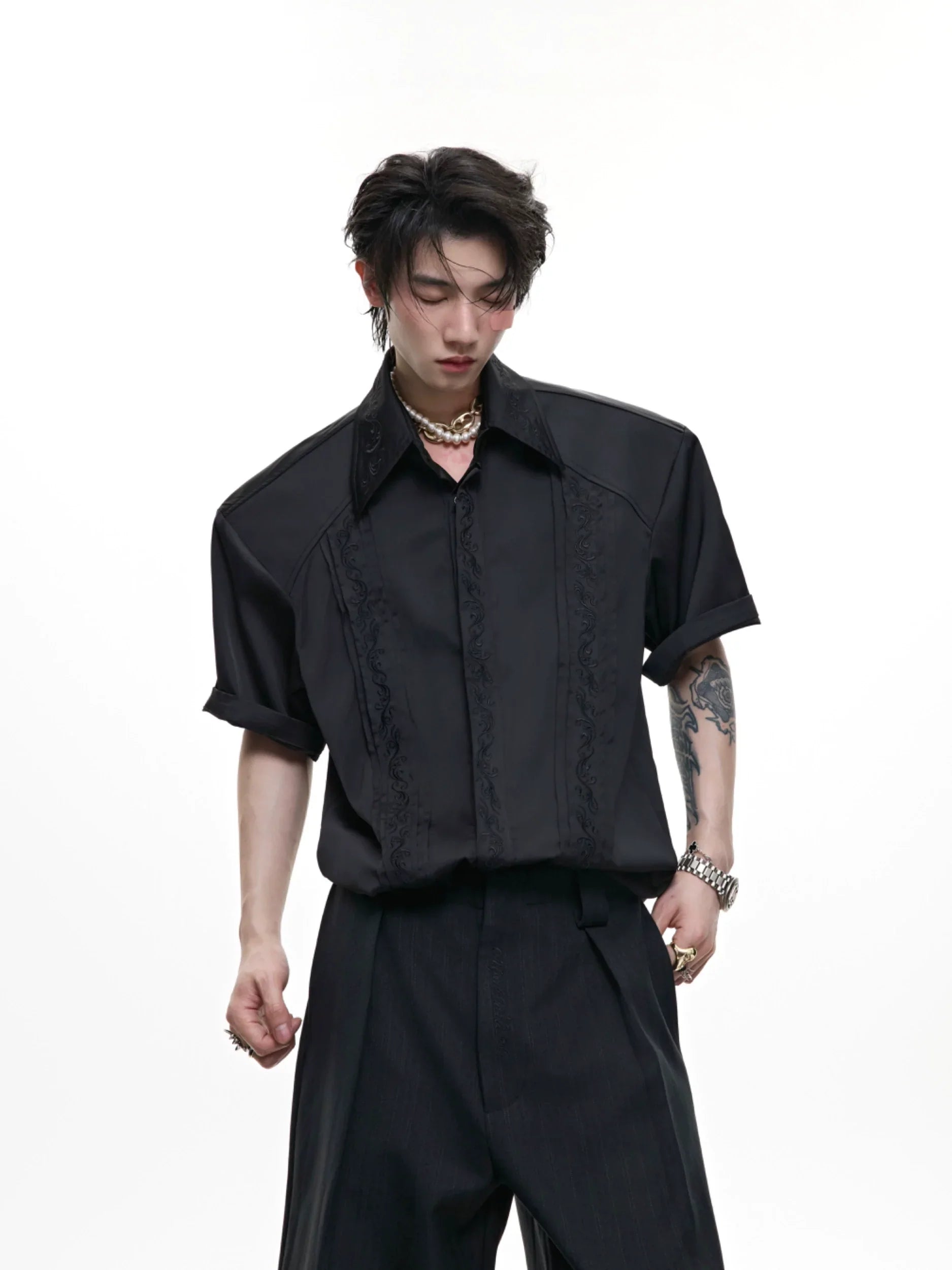 Embroidery Shoulder-Pad Short Sleeve Shirt