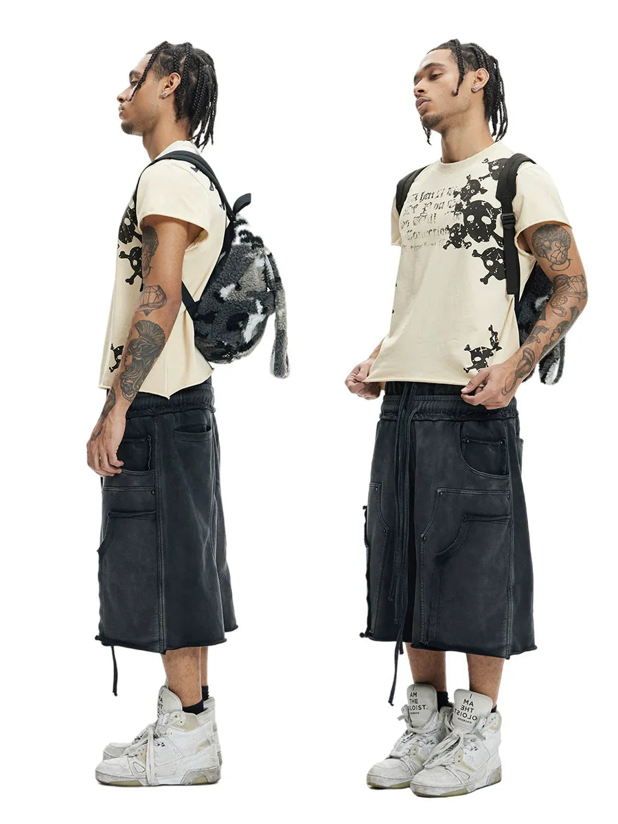 Deconstructed Double Waist Washed Wide Leg Half Sweatpants