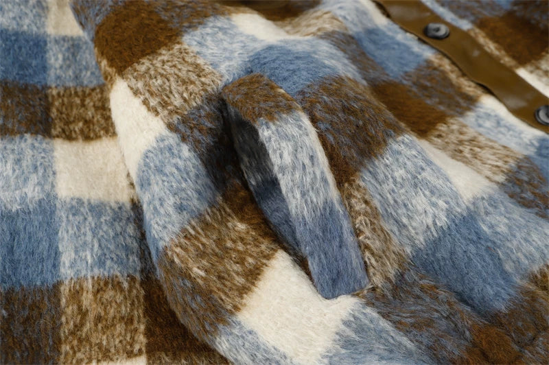 PU Leather Mix Woolen Plaid Jacket