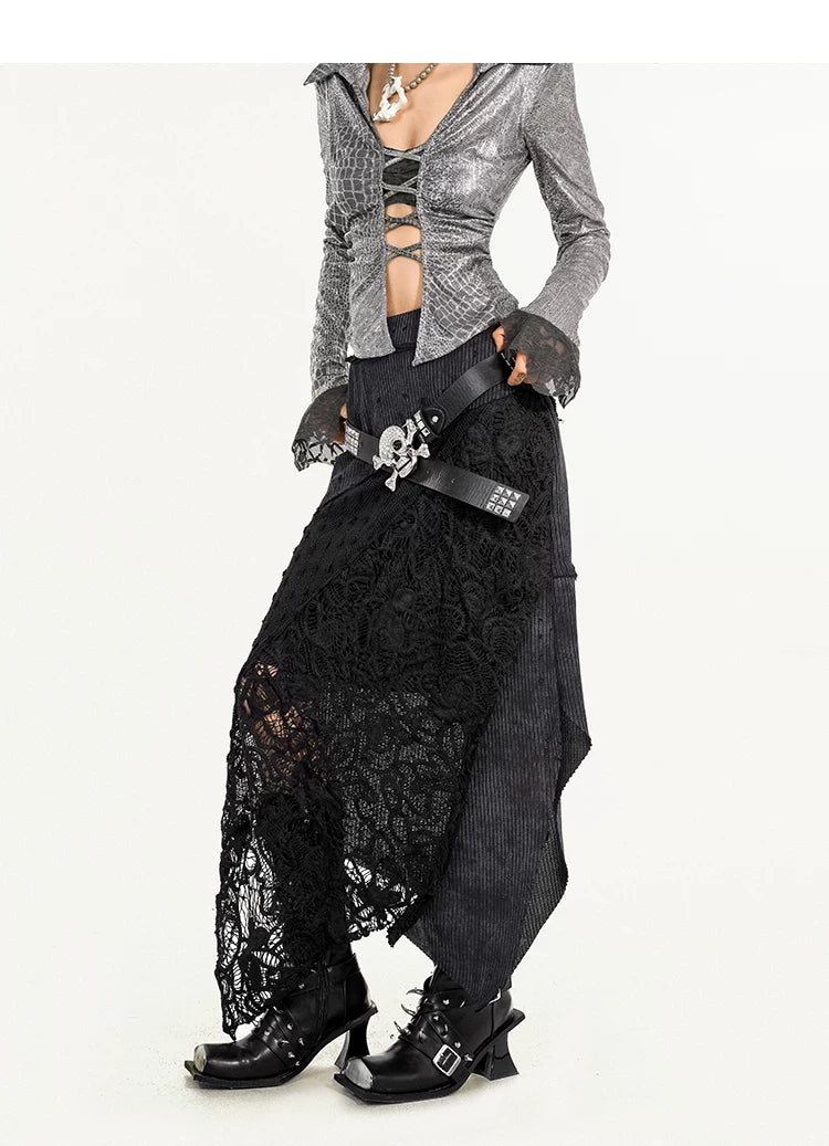 Original Design Heavy Craft Wasteland Knit Patchwork Lace Skirt