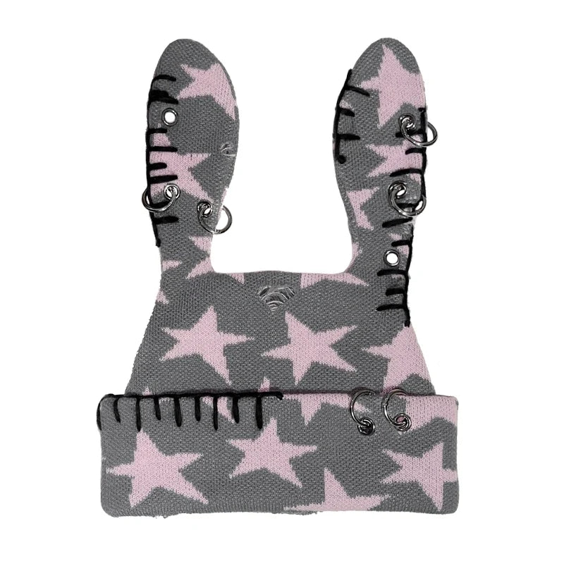 Star Print Rabbit Ear Knit Hat