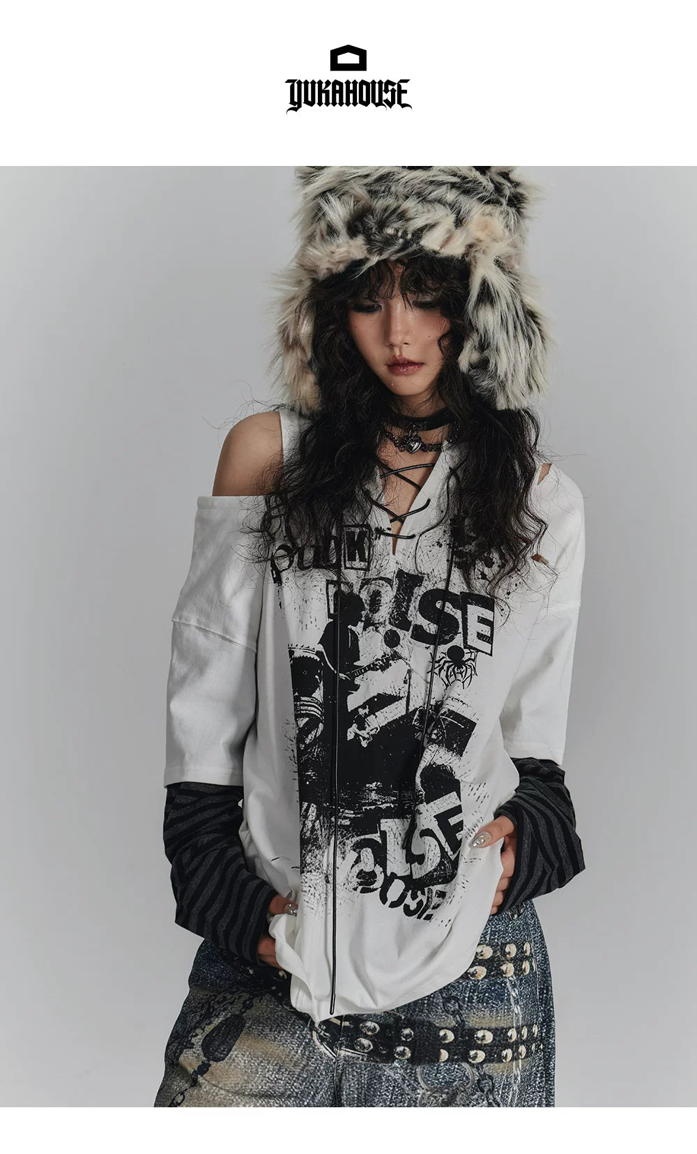 Fake Layered Drawstring V-Neck Long Sleeve T-Shirt
