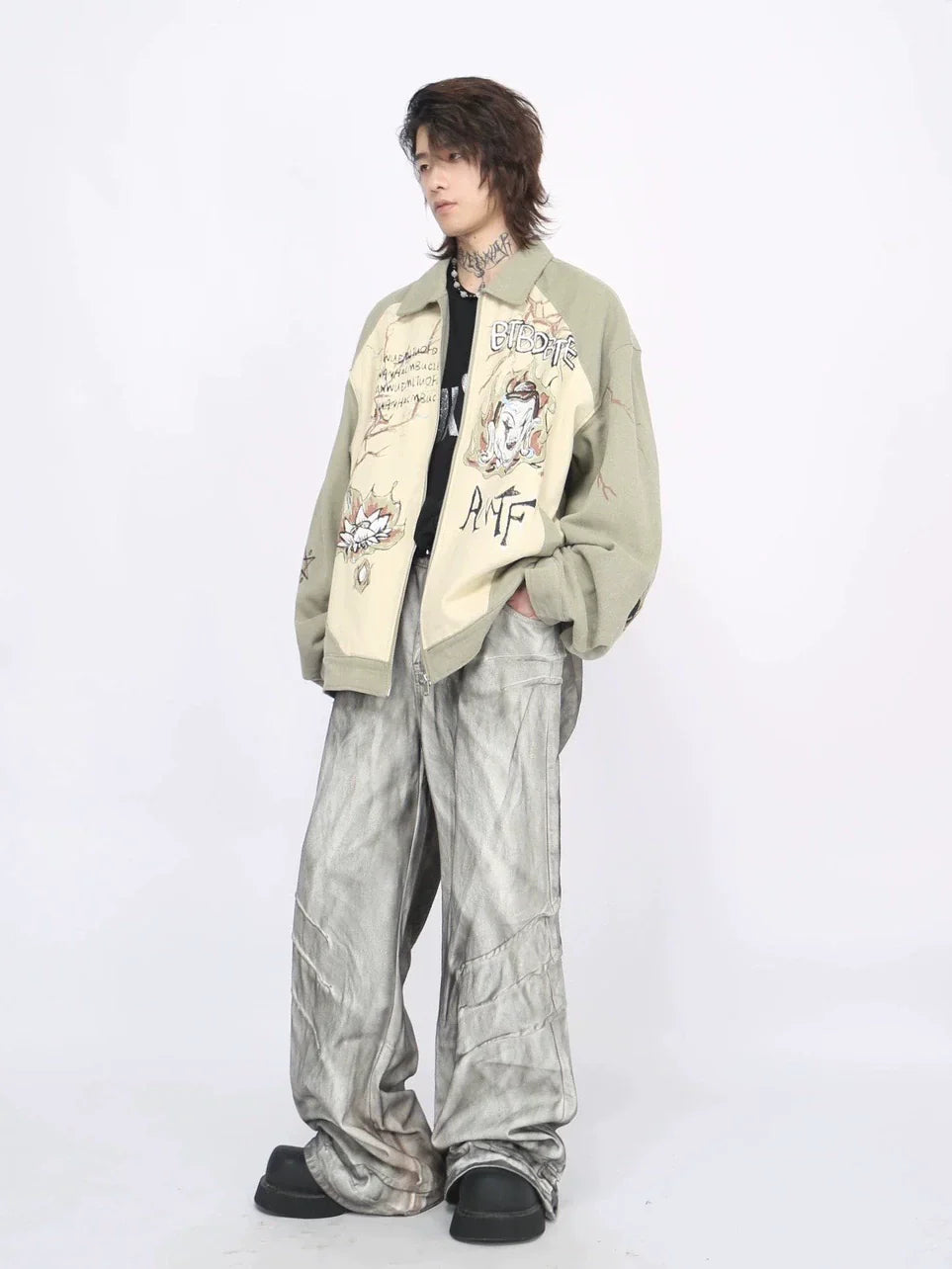 Graffiti Print Collar Zipper Jacket