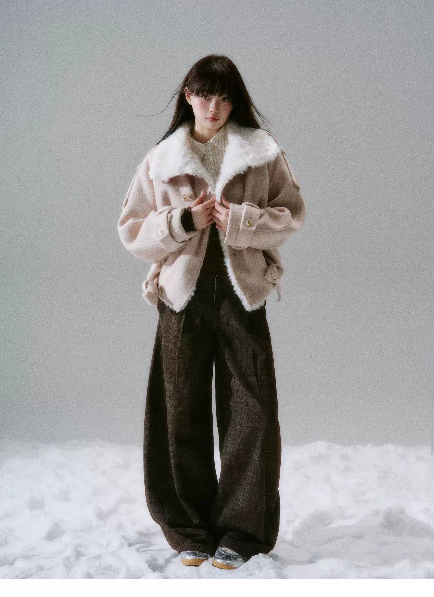 Fake Fur Collar Belted Jacket