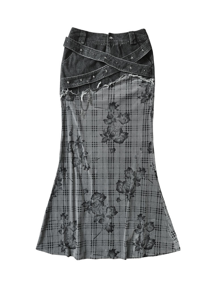 Plaid Rose Low Saturation Denim Skirt