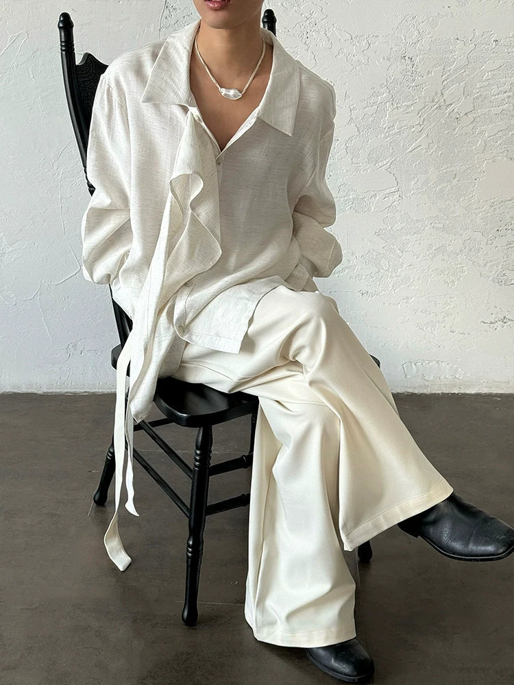 Ribbon Design Linen Long Sleeve Shirt