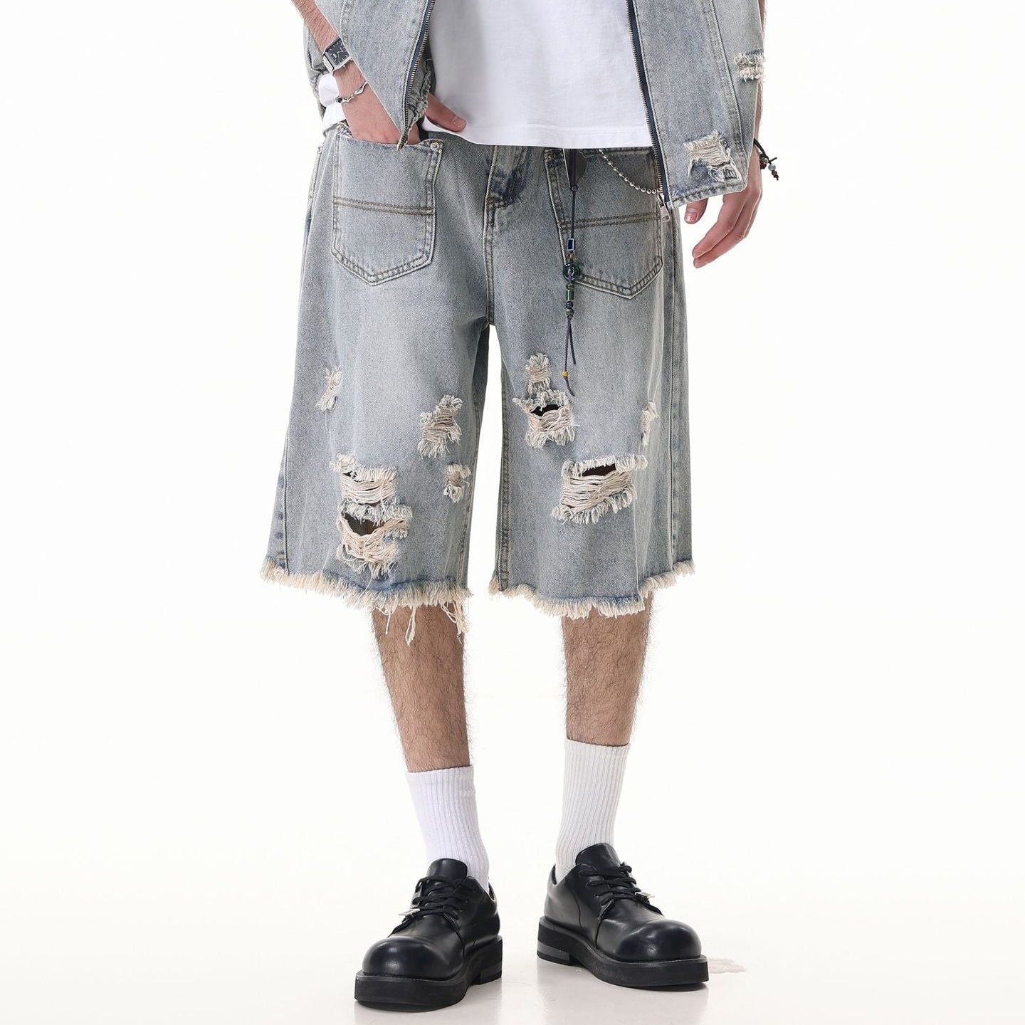 Washed Damage Wide Leg Denim Short Pants
