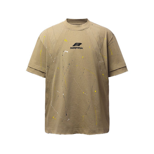 Washed Damage Paint Splatter Short Sleeve T-Shirt - Beige / S